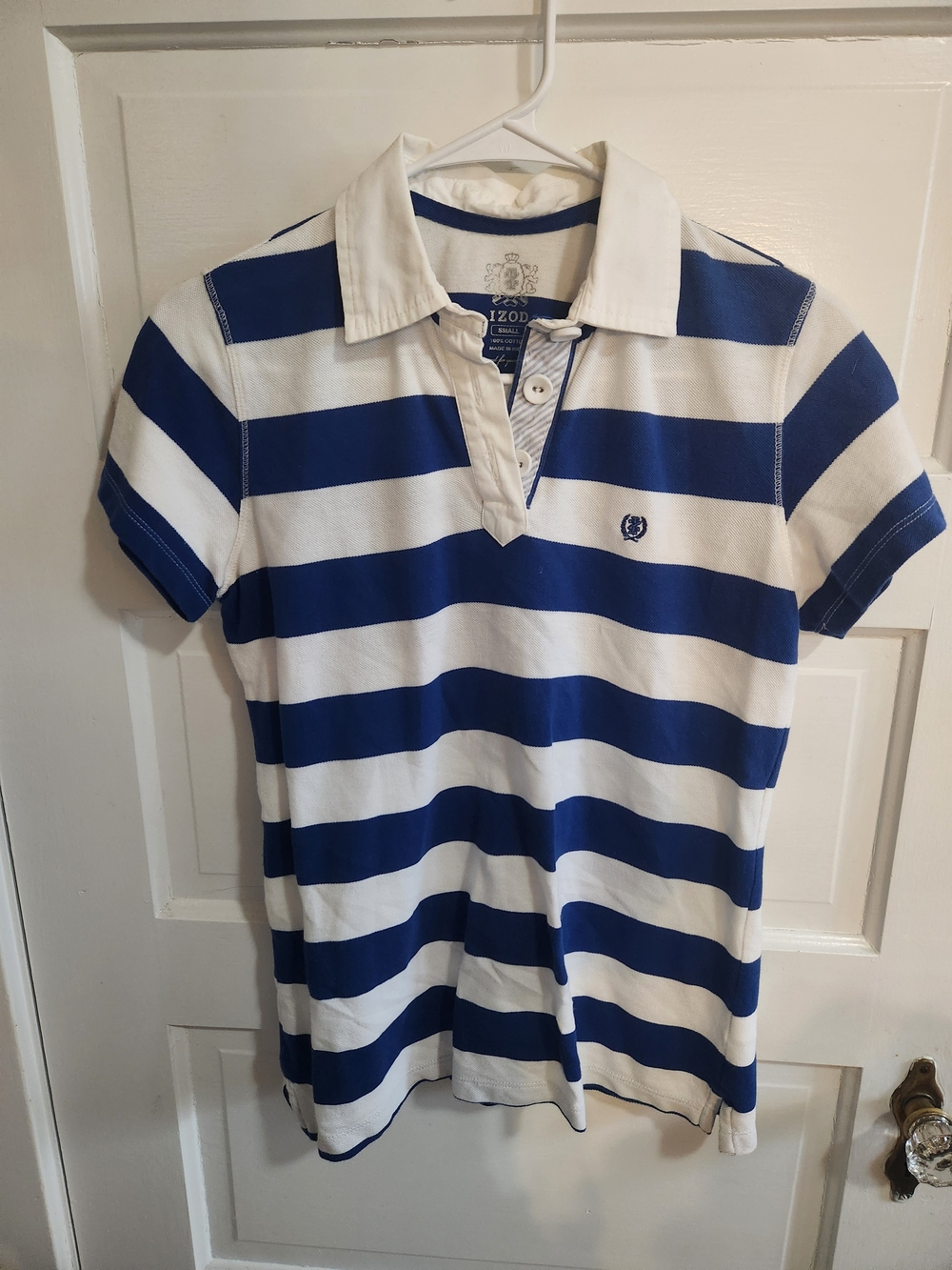 IZOD Women’s Small Blue White Striped Polo Shirt Preppy Coastal 100% Cotton